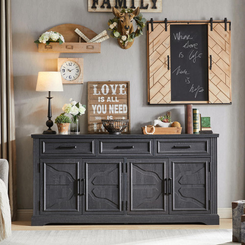 66" Farmhouse Buffet Cabinet with Storage, Sideboard Credenza, Carved Cloud-Inspired Doors, 3 Drawers & Adjustable Shelves, Coffee Bar Cabinet, Black