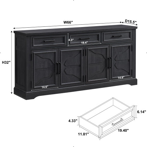 66" Farmhouse Buffet Cabinet with Storage, Sideboard Credenza, Carved Cloud-Inspired Doors, 3 Drawers & Adjustable Shelves, Coffee Bar Cabinet, Black