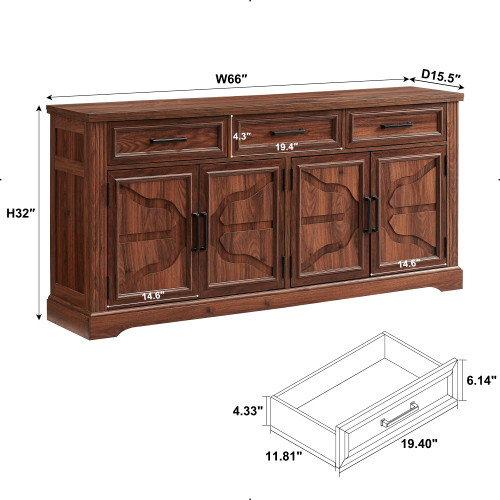 66" Farmhouse Buffet Cabinet with Storage, Sideboard Credenza, Carved Cloud-Inspired Doors, 3 Drawers & Adjustable Shelves, Coffee Bar Cabinet, Dark Brown