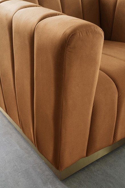 Velvet Upholstered Loveseat with Deep Channlel Tufting and Brushed Gold Finish, Saddle, 62.5" W x 34" D x 28" H