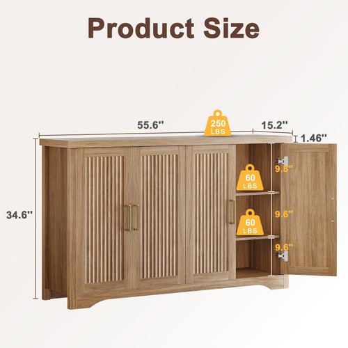 55" Fluted Sideboard Buffet Cabinet with Storage,Natural Oak