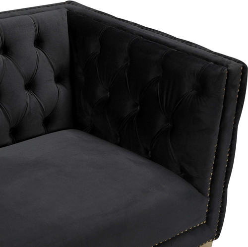 Loveseat with Deep Button Tufting, Gold Nailhead Trim and Sturdy Gold Iron Legs, Black Velvet, 66" W x 34" D x 30" H