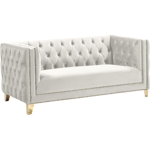 Loveseat with Deep Button Tufting, Gold Nailhead Trim and Sturdy Gold Iron Legs, Cream Velvet, 66" W x 34" D x 30" H