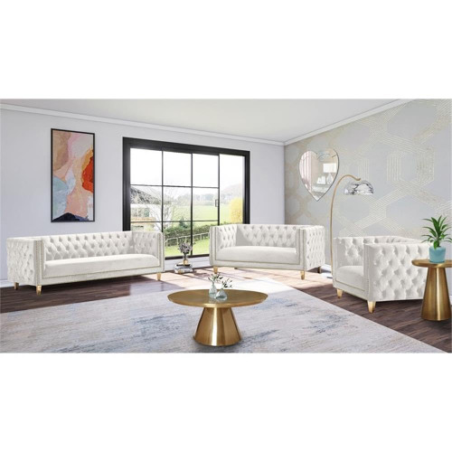 Loveseat with Deep Button Tufting, Gold Nailhead Trim and Sturdy Gold Iron Legs, Cream Velvet, 66" W x 34" D x 30" H