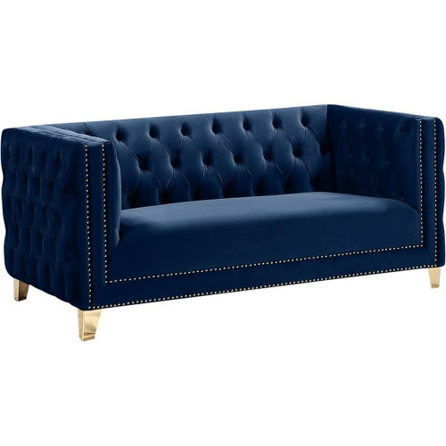 Loveseat with Deep Button Tufting, Gold Nailhead Trim and Sturdy Gold Iron Legs, Navy Velvet, 66" W x 34" D x 30" H