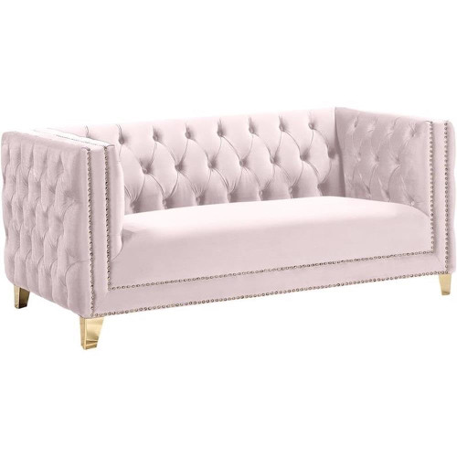 Loveseat with Deep Button Tufting, Gold Nailhead Trim and Sturdy Gold Iron Legs, Pink Velvet, 66" W x 34" D x 30" H