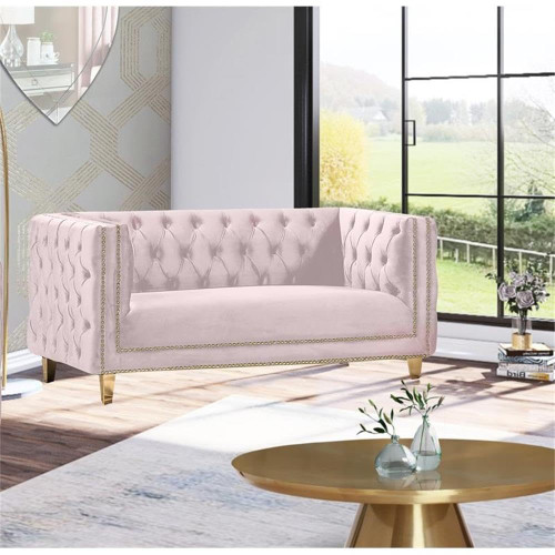Loveseat with Deep Button Tufting, Gold Nailhead Trim and Sturdy Gold Iron Legs, Pink Velvet, 66" W x 34" D x 30" H