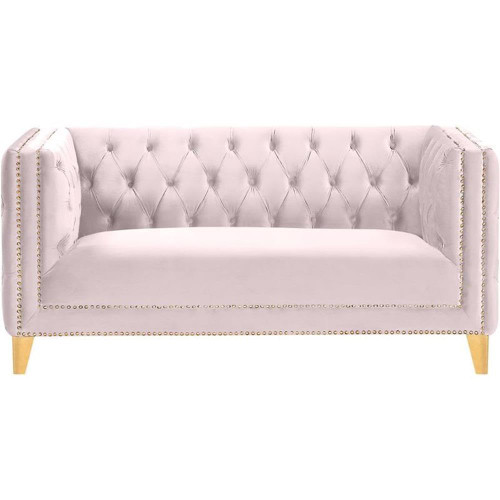 Loveseat with Deep Button Tufting, Gold Nailhead Trim and Sturdy Gold Iron Legs, Pink Velvet, 66" W x 34" D x 30" H