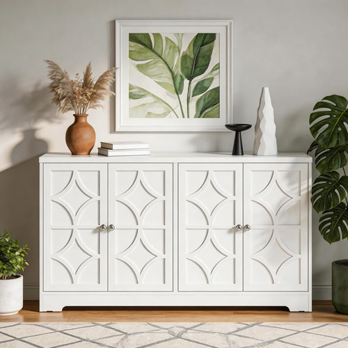 Sideboard Buffet Cabinet with Storage, 56" Modern Sideboard with 4 Carved Doors, Large Wood Coffee Bar Console Table for Kitchen, Dining Room, Entryway, Living Room, Satin White