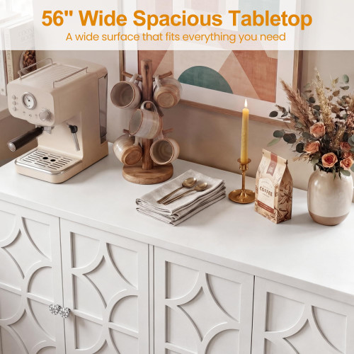 Sideboard Buffet Cabinet with Storage, 56" Modern Sideboard with 4 Carved Doors, Large Wood Coffee Bar Console Table for Kitchen, Dining Room, Entryway, Living Room, Satin White