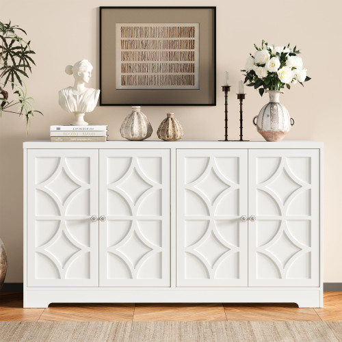 Sideboard Buffet Cabinet with Storage, 56" Modern Sideboard with 4 Carved Doors, Large Wood Coffee Bar Console Table for Kitchen, Dining Room, Entryway, Living Room, Satin White