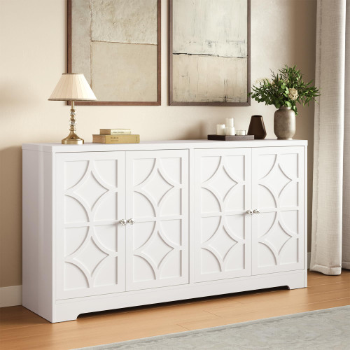 Sideboard Buffet Cabinet with Storage, 56" Modern Sideboard with 4 Carved Doors, Large Wood Coffee Bar Console Table for Kitchen, Dining Room, Entryway, Living Room, Satin White