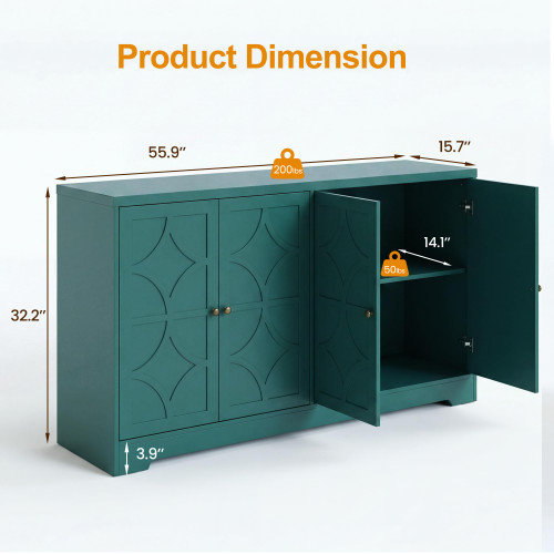 Sideboard Buffet Cabinet with Storage, 56" Modern Sideboard with 4 Carved Doors, Large Wood Coffee Bar Console Table for Kitchen, Dining Room, Entryway, Living Room, Turquoise Blue