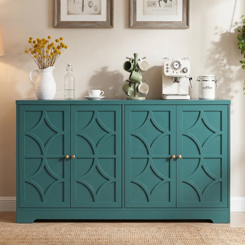Sideboard Buffet Cabinet with Storage, 56" Modern Sideboard with 4 Carved Doors, Large Wood Coffee Bar Console Table for Kitchen, Dining Room, Entryway, Living Room, Turquoise Blue
