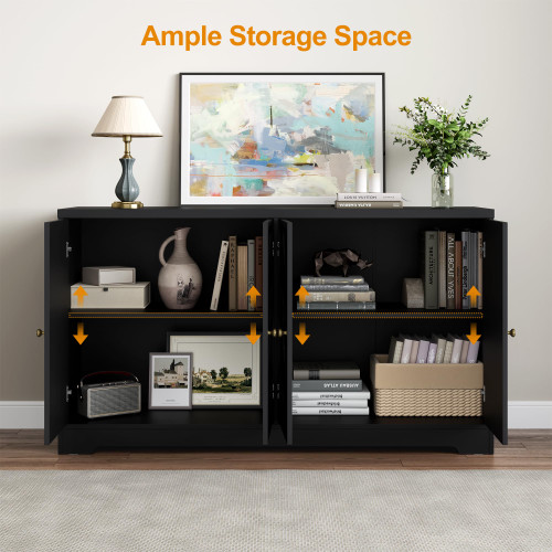 112'' Buffet Cabinet with Storage, Modern Sideboard with 4 Carved Doors, Large Wood Coffee Bar Console Table for Kitchen, Dining Room, Entryway, Living Room, Satin Black