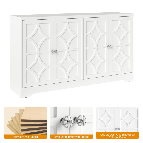 112'' Buffet Cabinet with Storage, Modern Sideboard with 4 Carved Doors, Large Wood Coffee Bar Console Table for Kitchen, Dining Room, Entryway, Living Room, Satin White