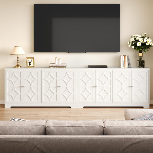 112'' Buffet Cabinet with Storage, Modern Sideboard with 4 Carved Doors, Large Wood Coffee Bar Console Table for Kitchen, Dining Room, Entryway, Living Room, Satin White
