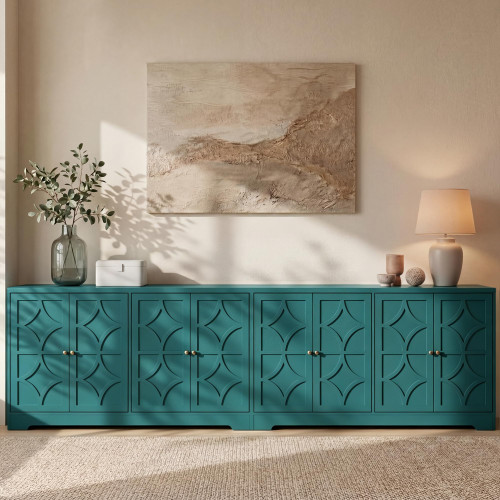 112'' Sideboard Buffet Cabinet with Storage, Modern Sideboard with 4 Carved Doors and Adjustable Shelves, Large Wood Coffee Bar Console Table for Kitchen, Dining Room, Turquoise Blue