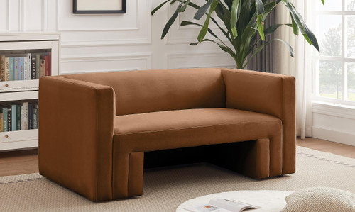Velvet Upholstered Loveseat with Soft Saddle Brown Velvet, Solid Wood Frame, 63" W x 34.5" D x 28" H, Saddle