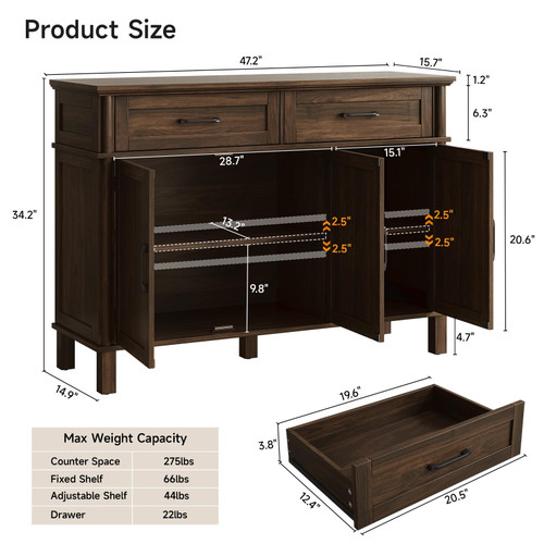 48 Inch Buffet Cabinet with Storage, Walnut