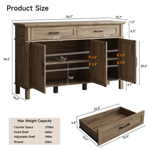 55 Inch Buffet Cabinet with Storage, Washed Grey