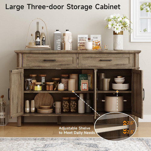 55 Inch Buffet Cabinet with Storage, Washed Grey