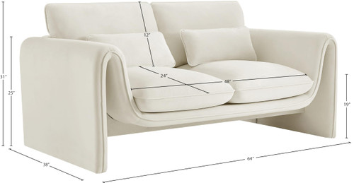 Velvet Upholstered Loveseat with Soft Cream Velvet Fabric, Curved Arms, 64" W x 38" D x 31" H, Cream