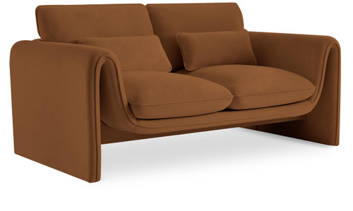 Velvet Upholstered Loveseat with Soft Saddle Velvet Fabric, Curved Arms, 64" W x 38" D x 31" H, Saddle