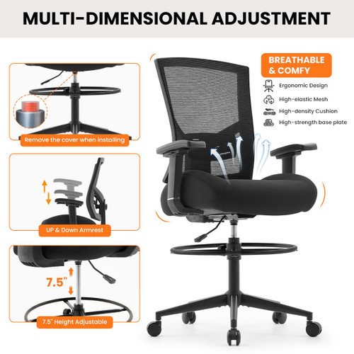 500lbs Drafting Chair,Big and Tall Office Chair for Standing Desk with Wide Seat,2D Adjustable Lumbar Support,Ergonomic Office Chair with Footrest for Home,Drawing or Counter Height Use