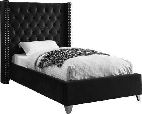 Aiden Collection Modern | Contemporary Velvet Upholstered Bed with Deep Button Tufting, Solid Wood Frame, and Custom Chrome Legs, Twin, Black