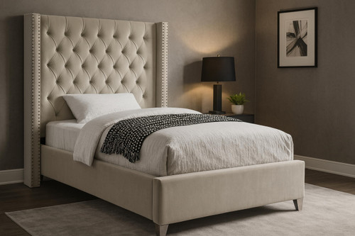 Aiden Collection Modern | Contemporary Velvet Upholstered Bed with Deep Button Tufting, Solid Wood Frame, and Custom Chrome Legs, Twin, Cream
