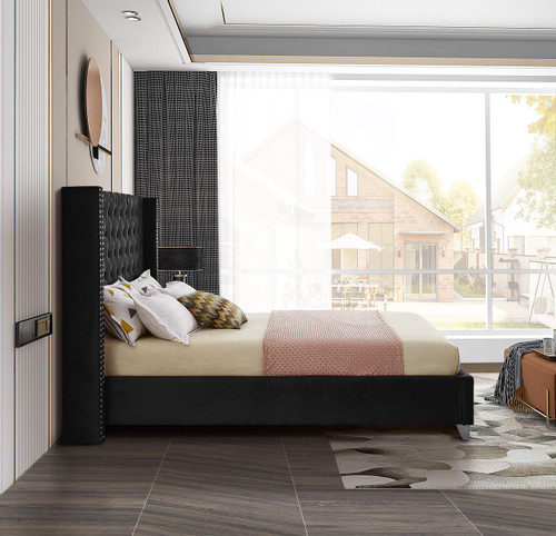 Aiden Collection Modern | Contemporary Velvet Upholstered Bed with Deep Button Tufting, Solid Wood Frame, and Custom Chrome Legs, Full, Black