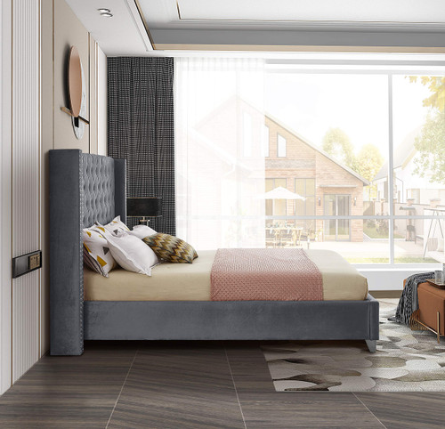 Aiden Collection Modern | Contemporary Velvet Upholstered Bed with Deep Button Tufting, Solid Wood Frame, and Custom Chrome Legs, Full, Grey