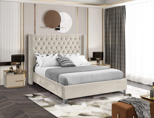 Aiden Collection Modern | Contemporary Velvet Upholstered Bed with Deep Button Tufting, Solid Wood Frame, and Custom Chrome Legs, Queen, Cream