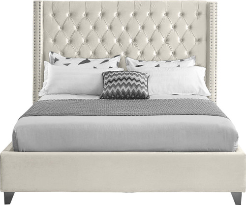 Aiden Collection Modern | Contemporary Velvet Upholstered Bed with Deep Button Tufting, Solid Wood Frame, and Custom Chrome Legs, Queen, Cream