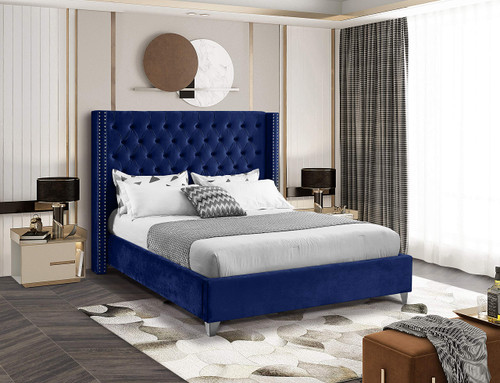 Aiden Collection Modern | Contemporary Velvet Upholstered Bed with Deep Button Tufting, Solid Wood Frame, and Custom Chrome Legs, Queen, Navy