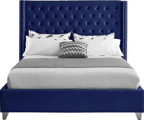 Aiden Collection Modern | Contemporary Velvet Upholstered Bed with Deep Button Tufting, Solid Wood Frame, and Custom Chrome Legs, Queen, Navy