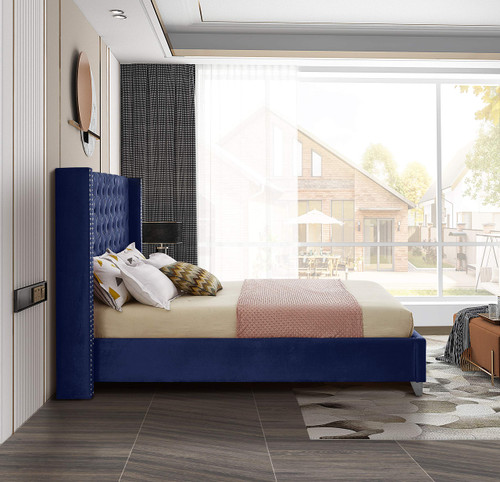 Aiden Collection Modern | Contemporary Velvet Upholstered Bed with Deep Button Tufting, Solid Wood Frame, and Custom Chrome Legs, Queen, Navy