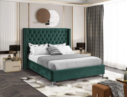 Aiden Collection Modern | Contemporary Velvet Upholstered Bed with Deep Button Tufting, Solid Wood Frame, and Custom Chrome Legs, Queen, Green