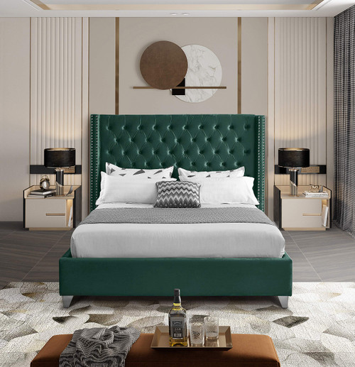 Aiden Collection Modern | Contemporary Velvet Upholstered Bed with Deep Button Tufting, Solid Wood Frame, and Custom Chrome Legs, Queen, Green