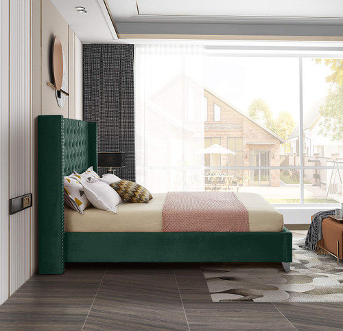 Aiden Collection Modern | Contemporary Velvet Upholstered Bed with Deep Button Tufting, Solid Wood Frame, and Custom Chrome Legs, Queen, Green