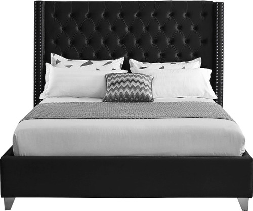 Aiden Collection Modern | Contemporary Velvet Upholstered Bed with Deep Button Tufting, Solid Wood Frame, and Custom Chrome Legs, King, Black
