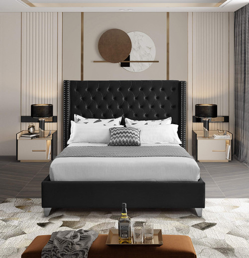 Aiden Collection Modern | Contemporary Velvet Upholstered Bed with Deep Button Tufting, Solid Wood Frame, and Custom Chrome Legs, King, Black