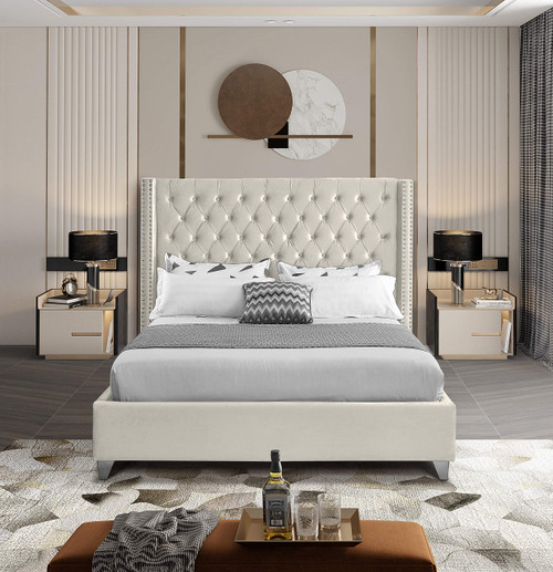 Aiden Collection AidenCream-K Modern | Contemporary Velvet Upholstered Bed with Deep Button Tufting, Solid Wood Frame, and Custom Chrome Legs, King, Cream, 88" W x 86" D x 56" H