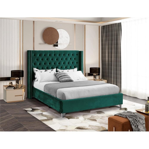 Aiden Collection Modern | Contemporary Velvet Upholstered Bed with Deep Button Tufting, Solid Wood Frame, and Custom Chrome Legs, King, Green