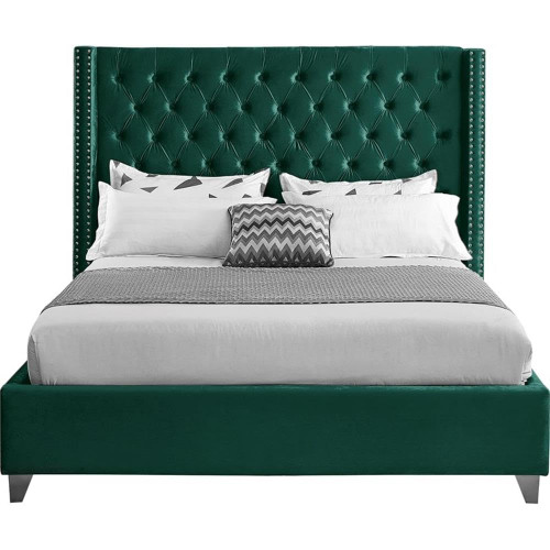 Aiden Collection Modern | Contemporary Velvet Upholstered Bed with Deep Button Tufting, Solid Wood Frame, and Custom Chrome Legs, King, Green