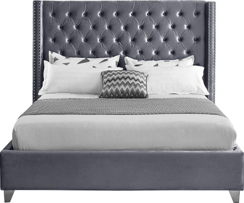 Aiden Collection Modern | Contemporary Velvet Upholstered Bed with Deep Button Tufting, Solid Wood Frame, and Custom Chrome Legs, King, Grey
