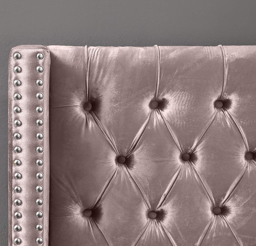 Aiden Collection Modern | Contemporary Velvet Upholstered Bed with Deep Button Tufting, Solid Wood Frame, and Custom Chrome Legs, King, Pink