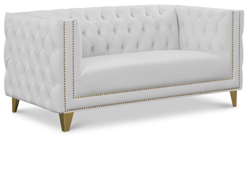 Loveseat with Deep Button Tufting, Gold Nailhead Trim and Sturdy Gold Iron Legs, White Vegan Leather, 66" W x 34" D x 30" H