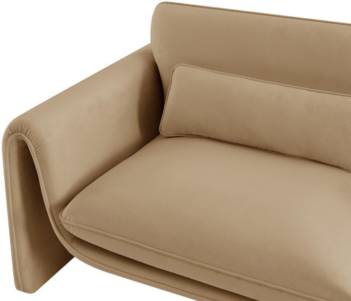 Velvet Upholstered Sofa with Soft Camel Velvet Fabric, Curved Arms, 86" W x 38" D x 31" H, Camel